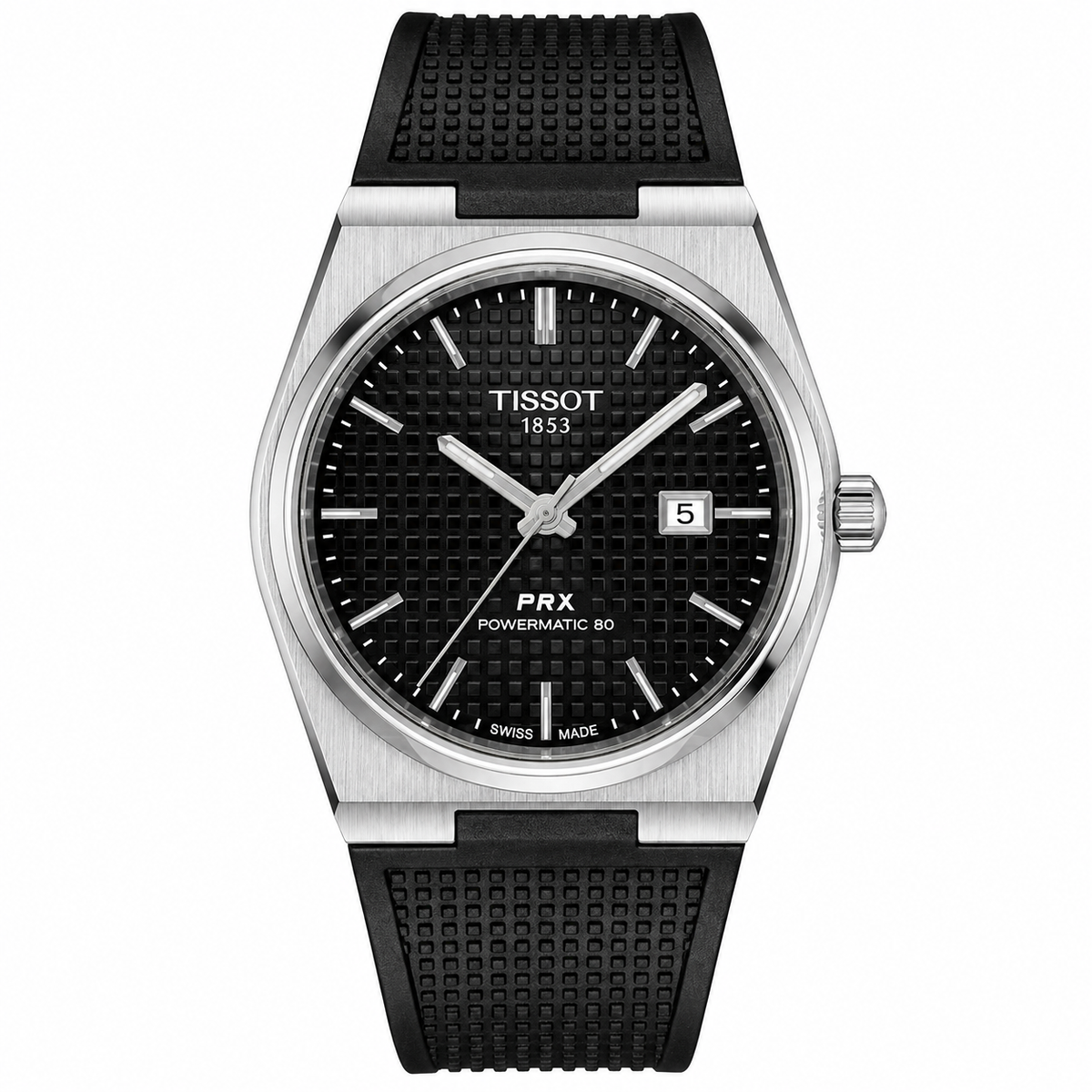 Tissot PRX Powermatic 80 Watch – Grey Guilloché Dial & Black Rubber Strap