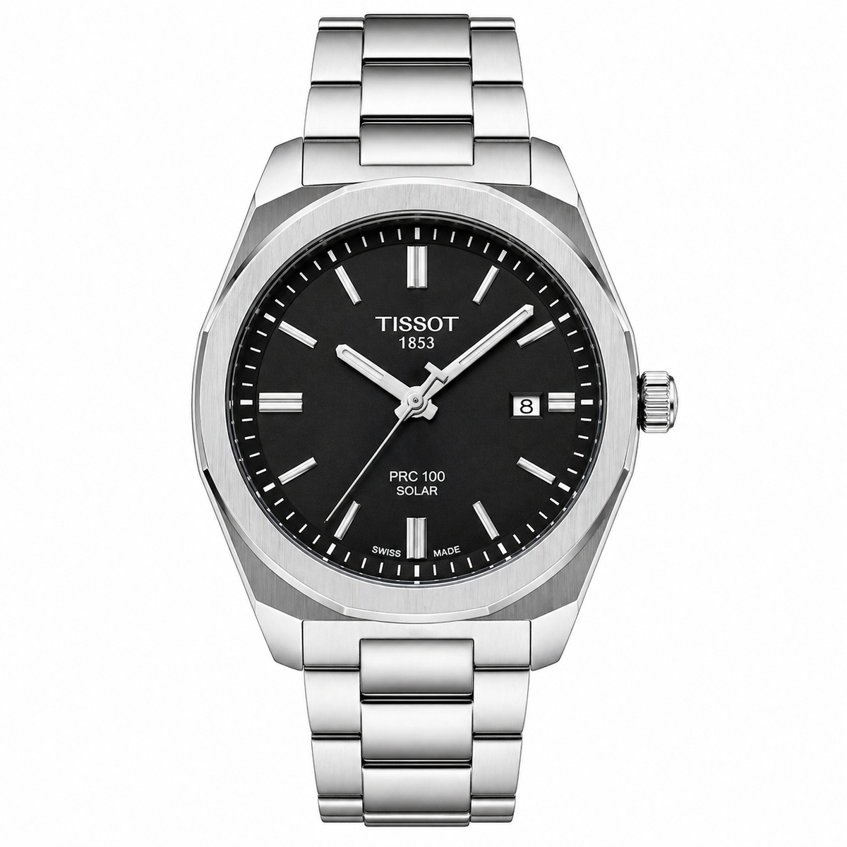 Tissot PRC 100 Solar Men's Watch – Black Dial Silver Stainless Steel Bracelet