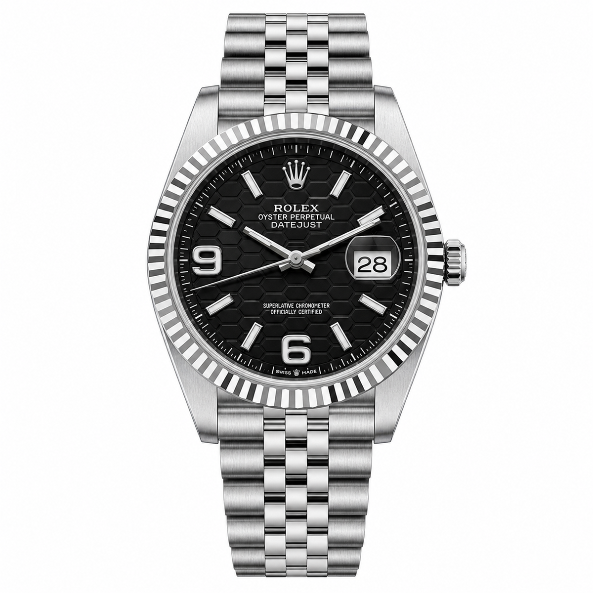 Rolex Oyster Perpetual Land-Dweller Black Honeycomb Dial Full Stainless Steel Automatic Watch with Silver Jubilee Bracelet