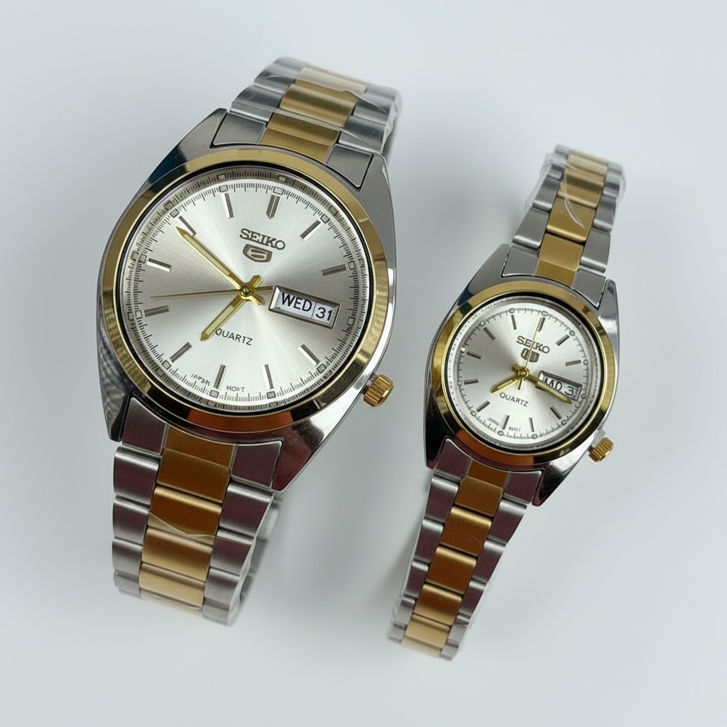 Seiko 5 Quartz Couple Watch Set – His & Hers Silver Stainless Steel Day-Date