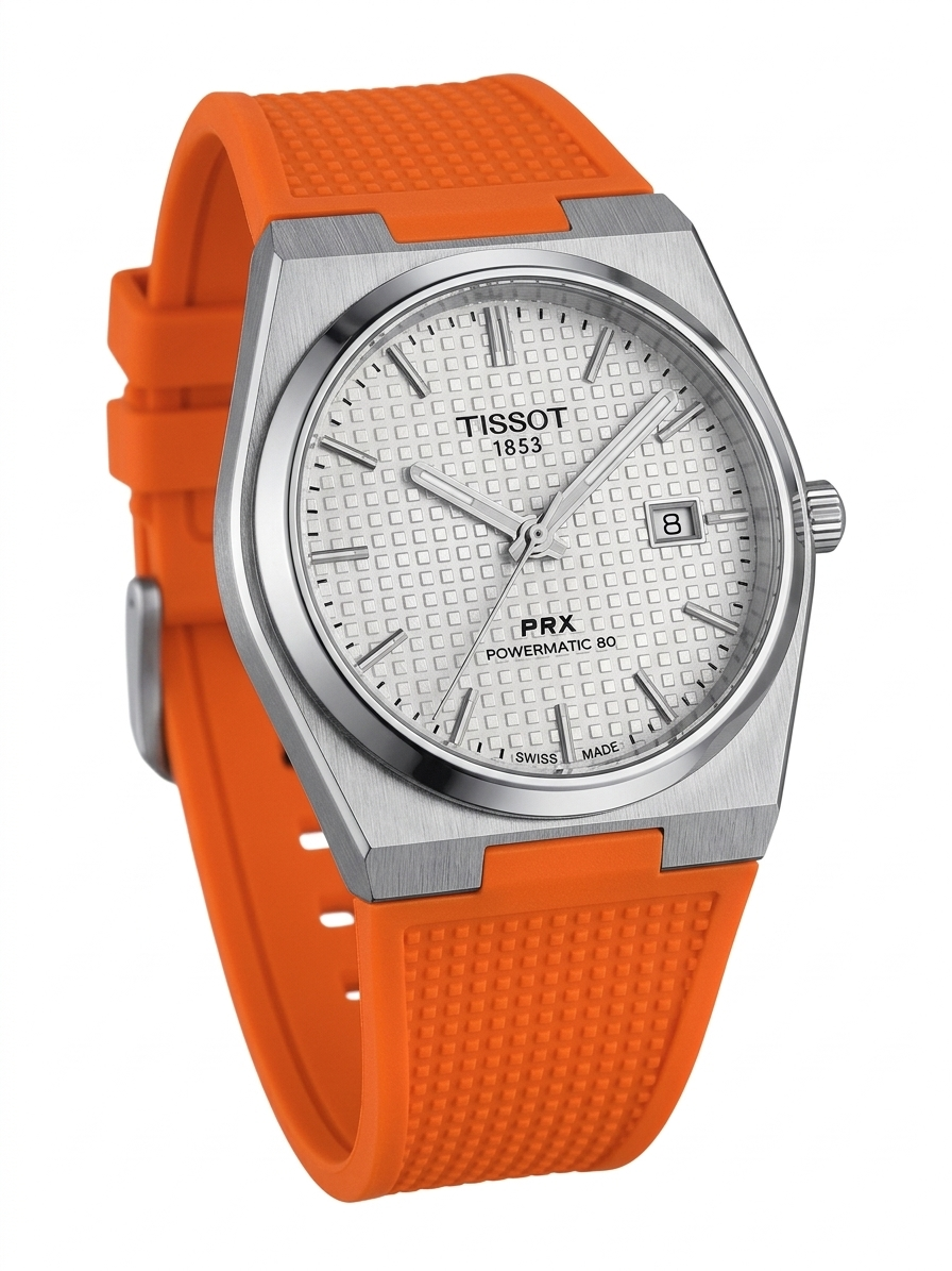 Tissot PRX Powermatic 80 Watch – White Guilloché Dial & Orange Rubber Strap