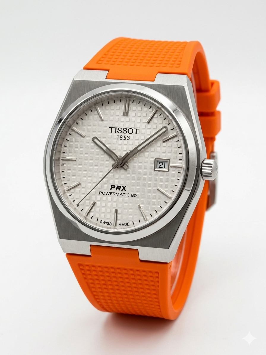 Tissot PRX Powermatic 80 Watch – White Guilloché Dial & Orange Rubber Strap