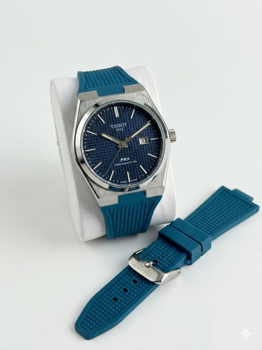 Tissot PRX Powermatic 80 Watch – Blue Guilloché Dial & Teal Rubber Strap