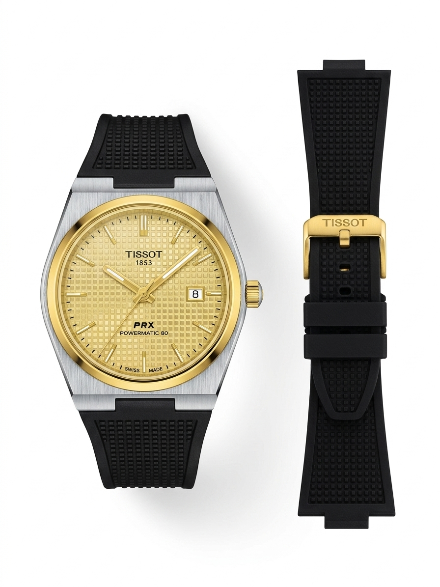 Tissot PRX Powermatic 80 Two-Tone Watch – Gold Textured Dial & Black Rubber Strap
