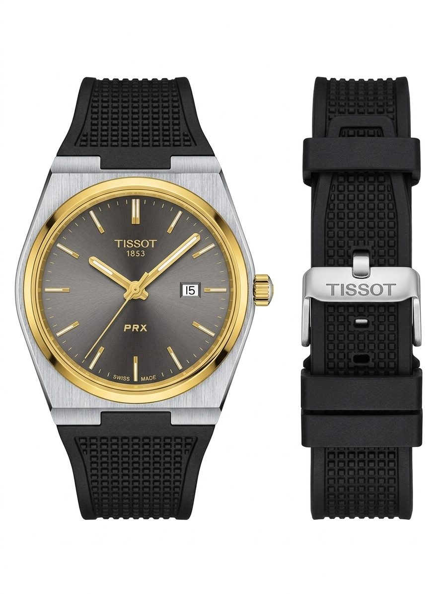 Tissot PRX Two-Tone Watch – Grey Dial with Gold Bezel & Black Rubber Strap