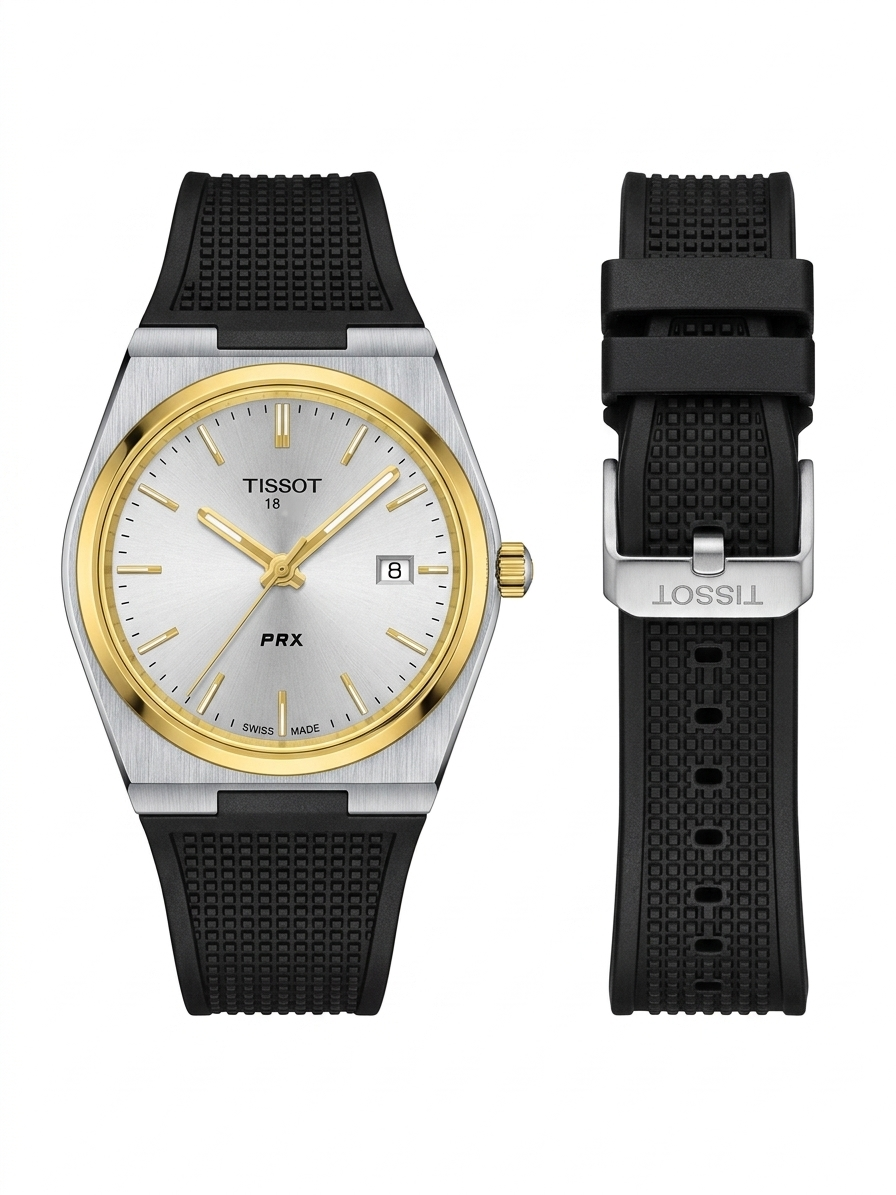 Tissot PRX Two-Tone Watch – Silver Dial with Gold Bezel & Black Rubber Strap