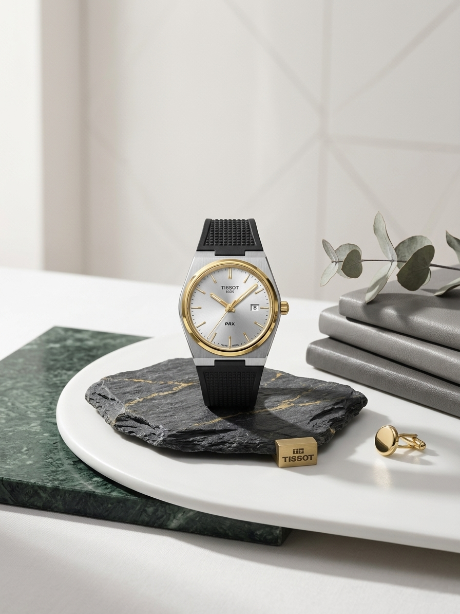 Tissot PRX Two-Tone Watch – Silver Dial with Gold Bezel & Black Rubber Strap