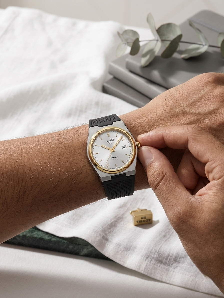 Tissot PRX Two-Tone Watch – Silver Dial with Gold Bezel & Black Rubber Strap