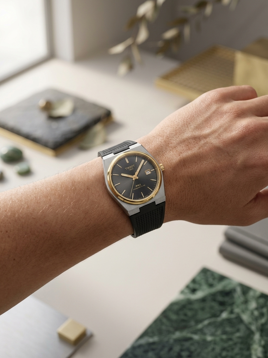 Tissot PRX Two-Tone Watch – Grey Dial with Gold Bezel & Black Rubber Strap