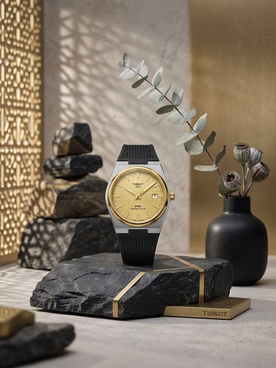 Tissot PRX Powermatic 80 Two-Tone Watch – Gold Textured Dial & Black Rubber Strap