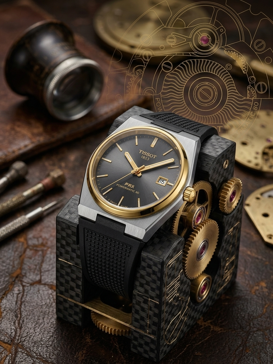 Tissot PRX Two-Tone Watch – Grey Dial with Gold Bezel & Black Rubber Strap