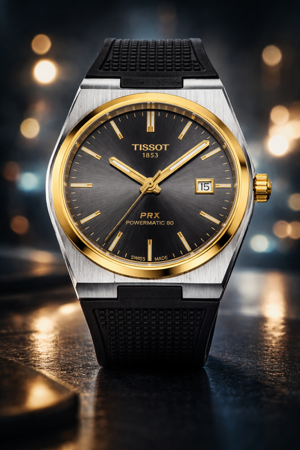 Tissot PRX Two-Tone Watch – Grey Dial with Gold Bezel & Black Rubber Strap
