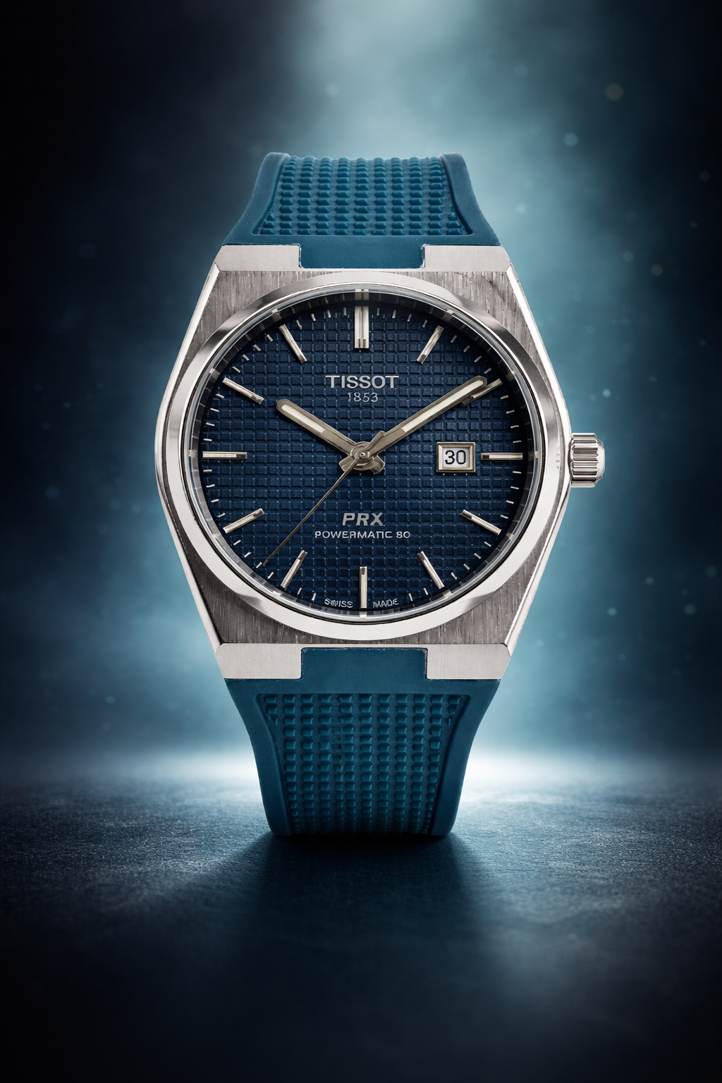 Tissot PRX Powermatic 80 Watch – Blue Guilloché Dial & Teal Rubber Strap