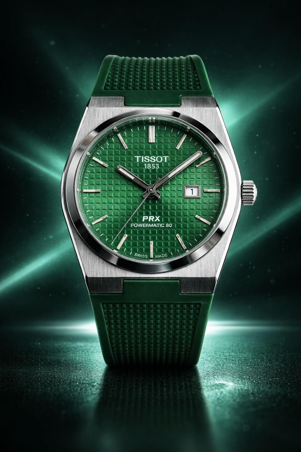 Tissot PRX Powermatic 80 Watch – Green Guilloché Dial & Green Rubber Strap
