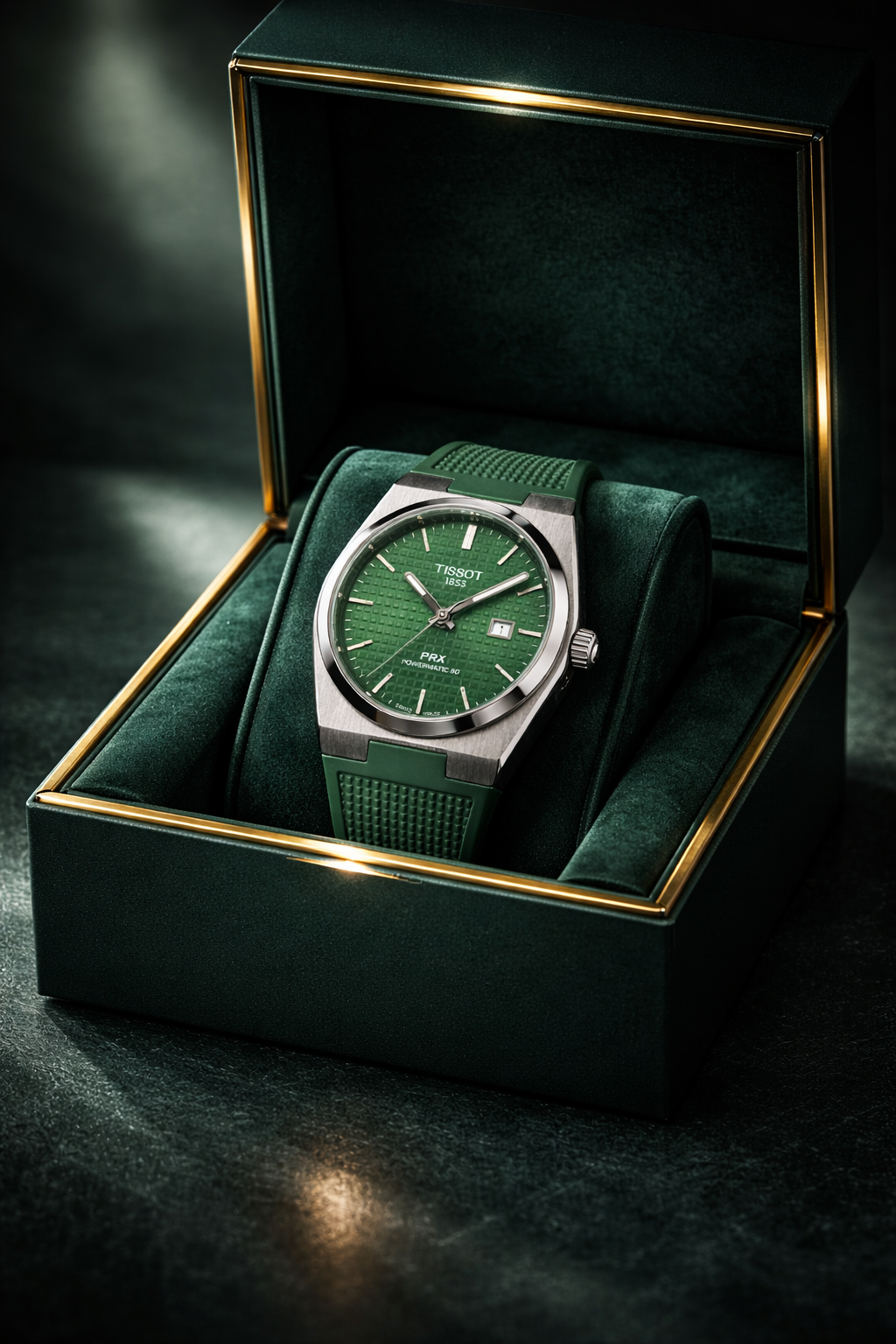 Tissot PRX Powermatic 80 Watch – Green Guilloché Dial & Green Rubber Strap