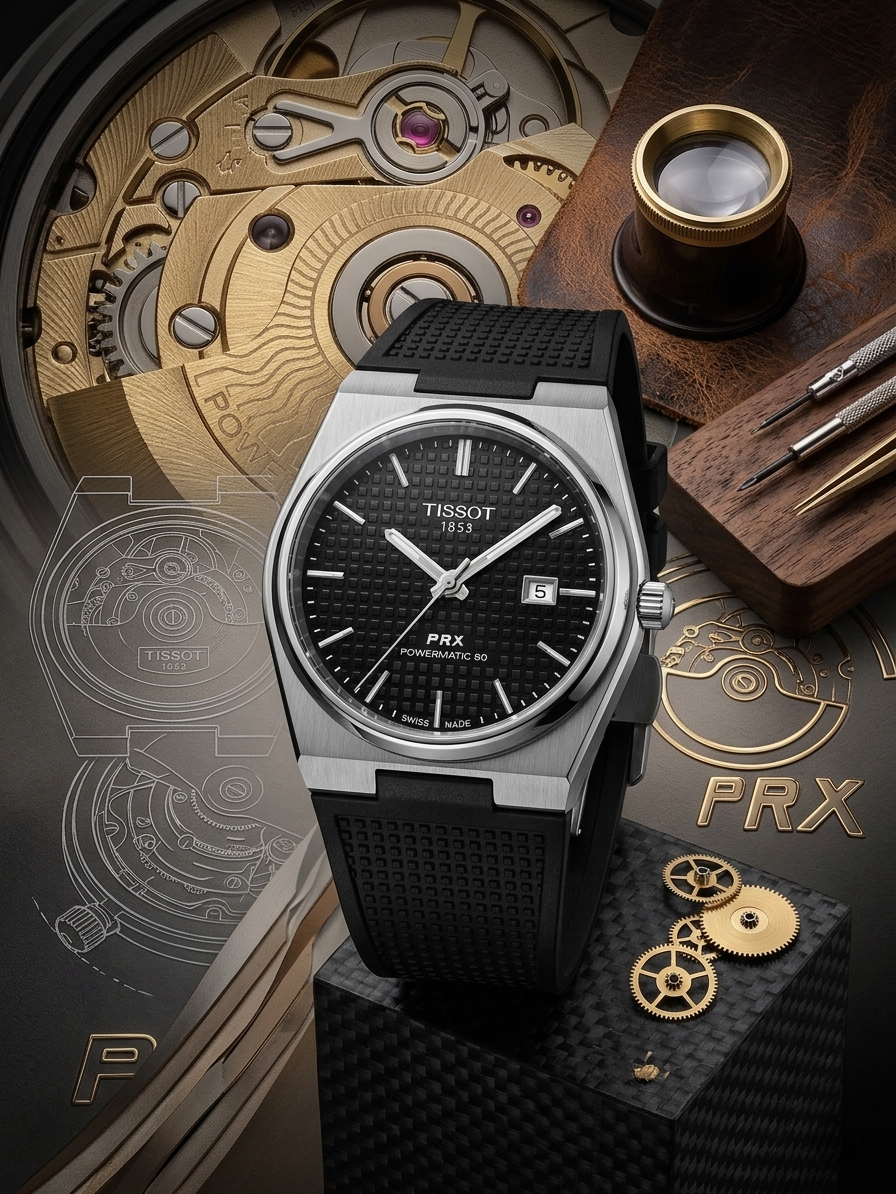 Tissot PRX Powermatic 80 Watch – Grey Guilloché Dial & Black Rubber Strap