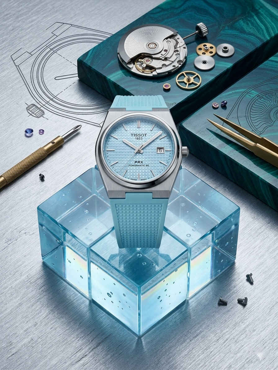 Tissot PRX Powermatic 80 Watch – Ice Blue Guilloché Dial & Light Blue Rubber Strap