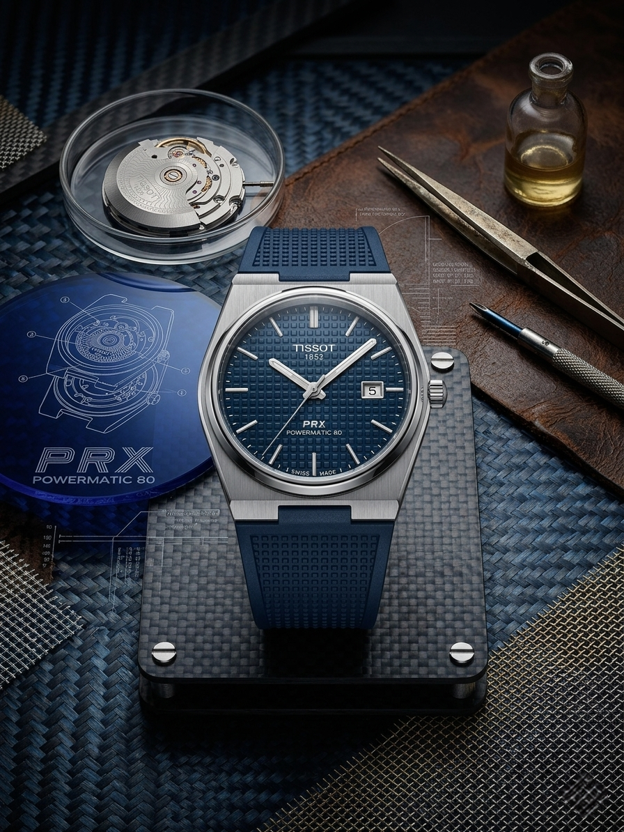Tissot PRX Powermatic 80 Watch – Blue-Grey Guilloché Dial & Navy Rubber Strap