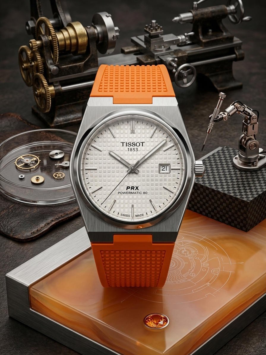 Tissot PRX Powermatic 80 Watch – White Guilloché Dial & Orange Rubber Strap