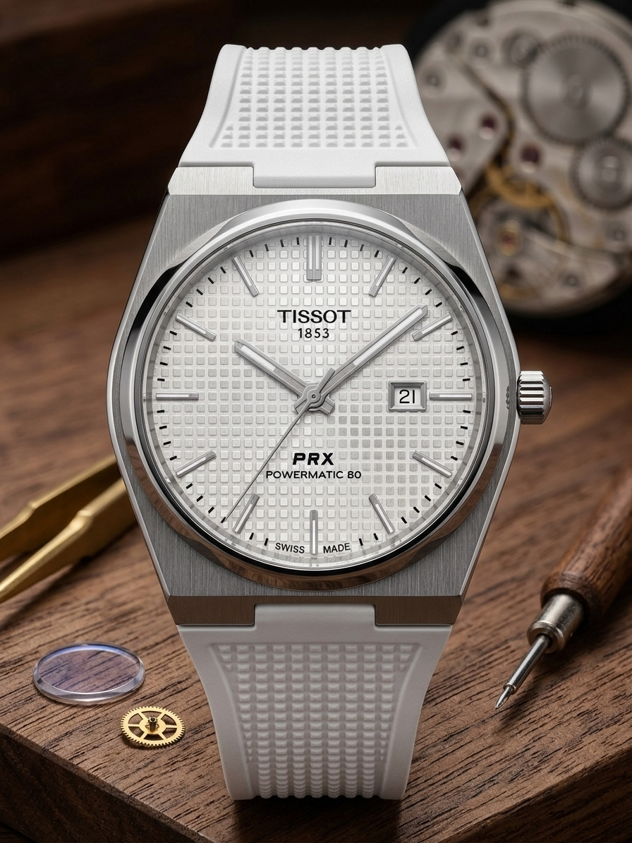Tissot PRX Powermatic 80 Watch – White Guilloché Dial & White Rubber Strap