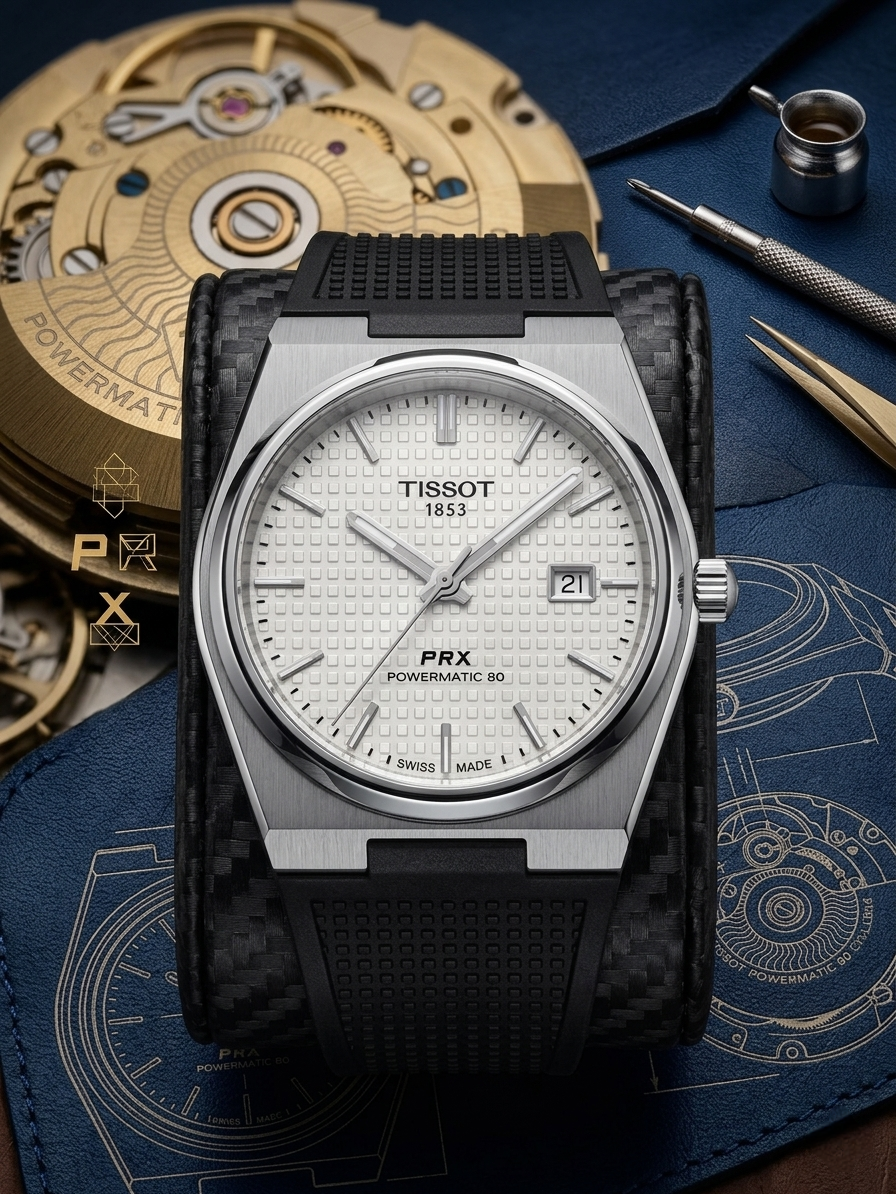 Tissot PRX Powermatic 80 Watch – White Guilloché Dial & Black Rubber Strap