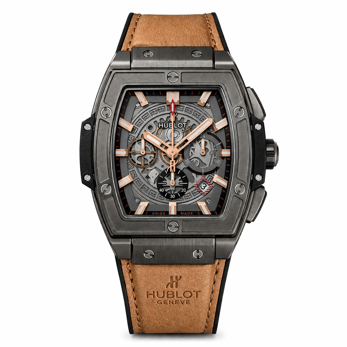 Hublot Spirit of Big Bang All Black Ceramic Rose Gold Tan Leather Chronograph Watch