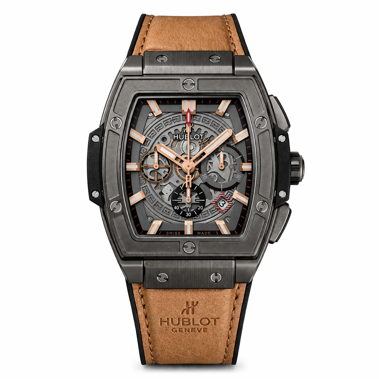 Hublot Spirit of Big Bang All Black Ceramic Rose Gold Tan Leather Chronograph Watch