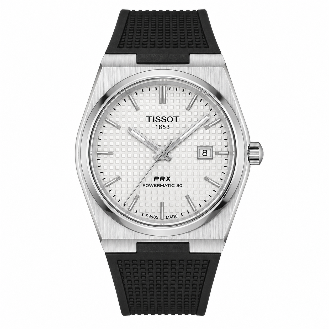 Tissot PRX Powermatic 80 Watch – White Guilloché Dial & Black Rubber Strap