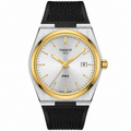 Tissot PRX Two-Tone Watch – Silver Dial with Gold Bezel & Black Rubber Strap