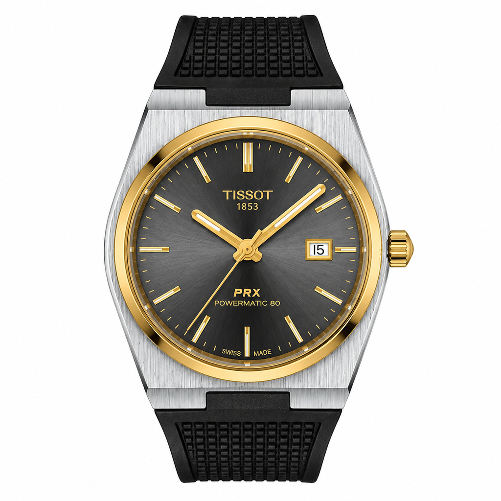 Tissot PRX Two-Tone Watch – Grey Dial with Gold Bezel & Black Rubber Strap