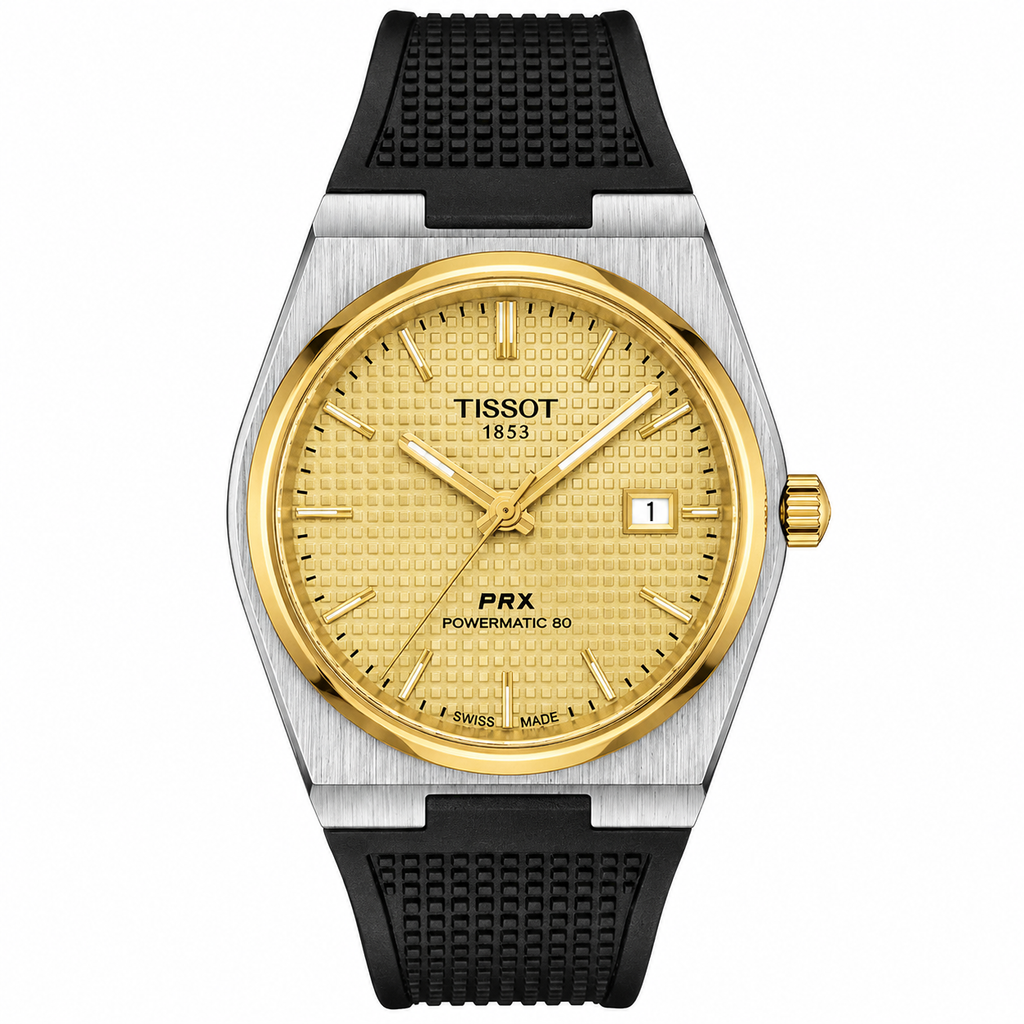 Tissot PRX Powermatic 80 Two-Tone Watch – Gold Textured Dial & Black Rubber Strap