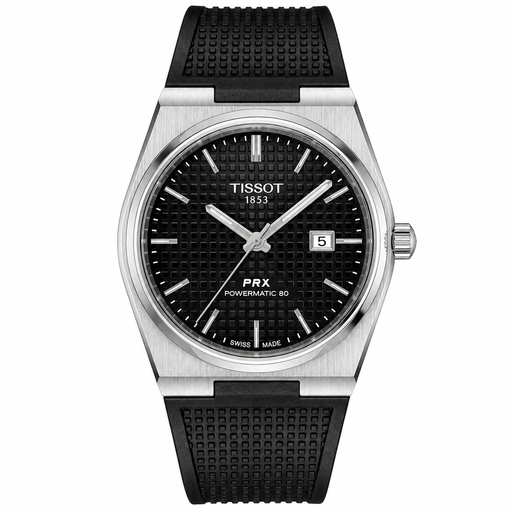 Tissot PRX Powermatic 80 Watch – Grey Guilloché Dial & Black Rubber Strap