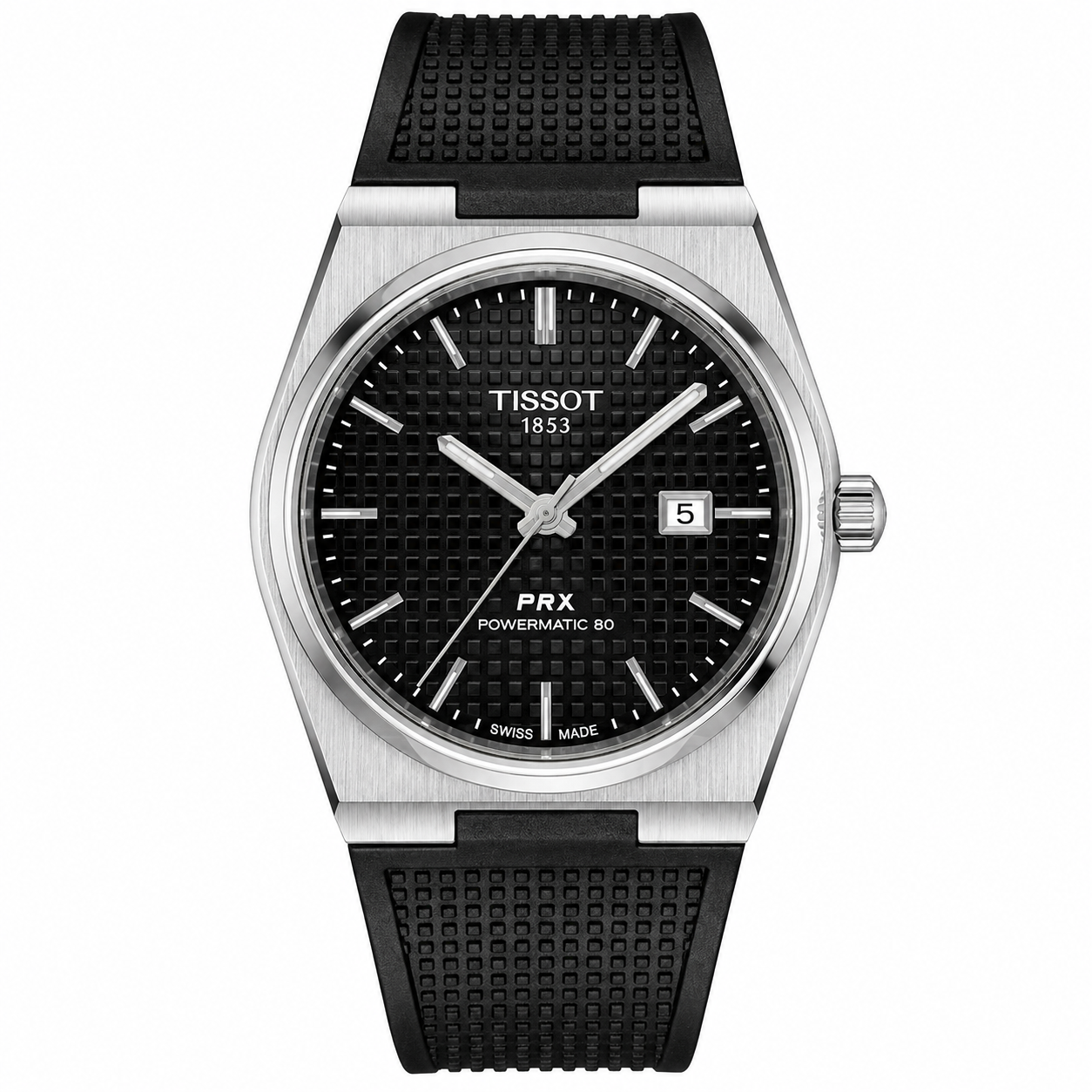 Tissot PRX Powermatic 80 Watch – Grey Guilloché Dial & Black Rubber Strap