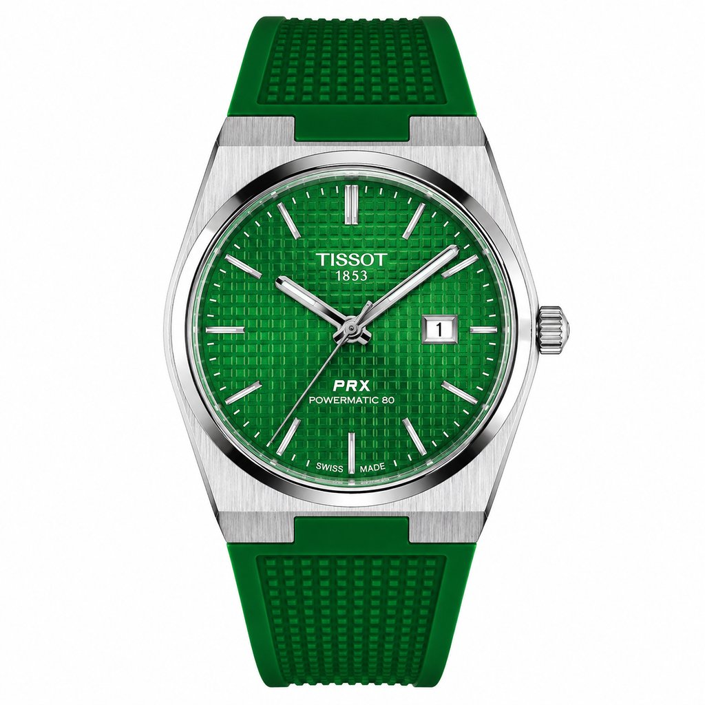 Tissot PRX Powermatic 80 Watch – Green Guilloché Dial & Green Rubber Strap