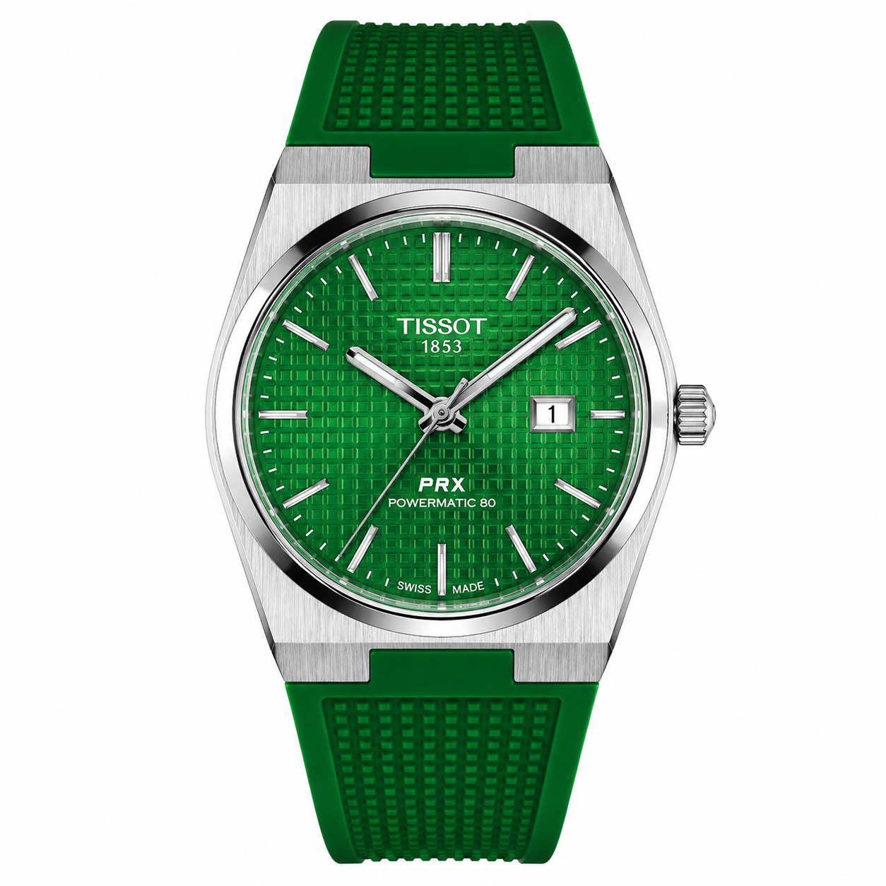 Tissot PRX Powermatic 80 Watch – Green Guilloché Dial & Green Rubber Strap