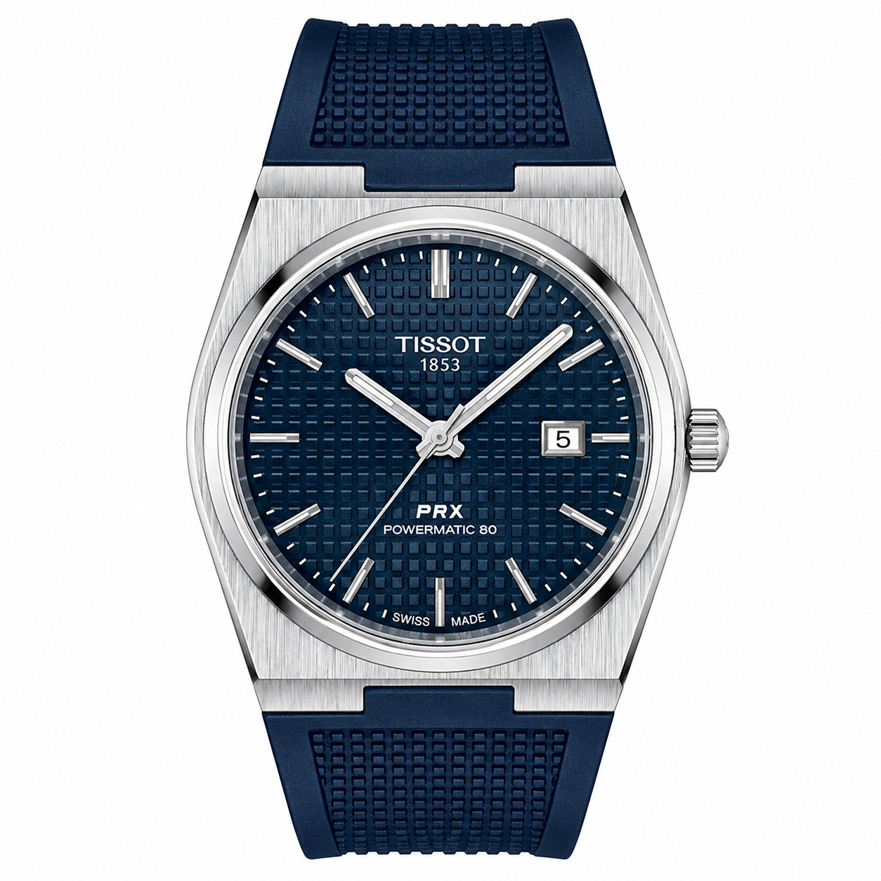Tissot PRX Powermatic 80 Watch – Blue-Grey Guilloché Dial & Navy Rubber Strap