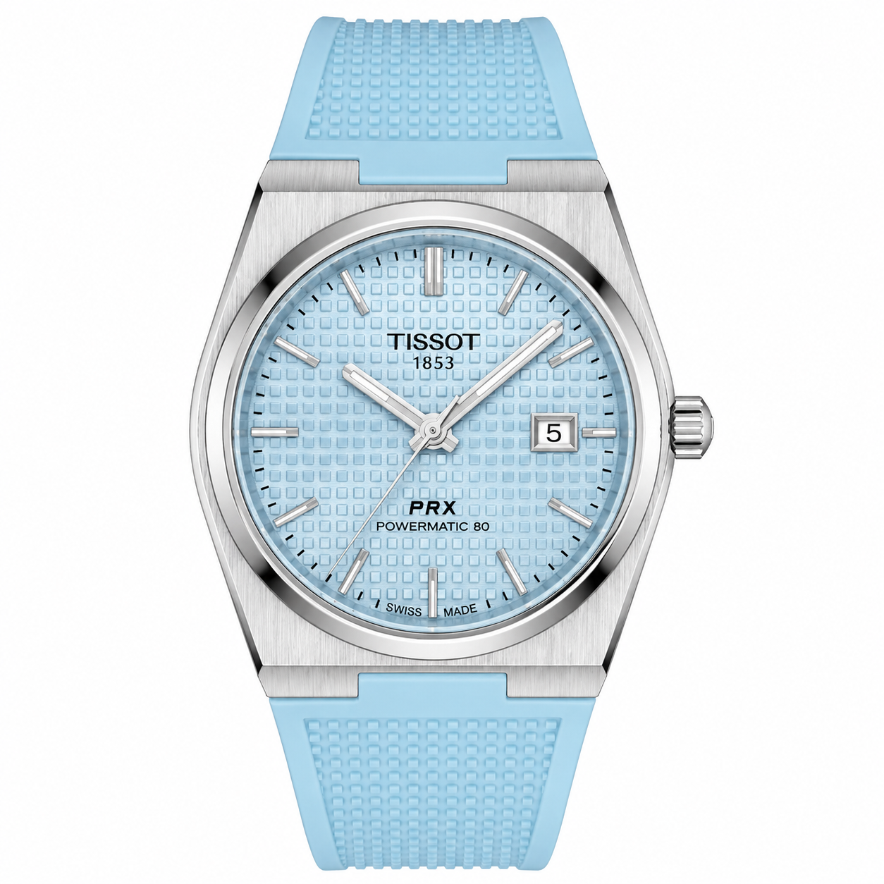 Tissot PRX Powermatic 80 Watch – Ice Blue Guilloché Dial & Light Blue Rubber Strap