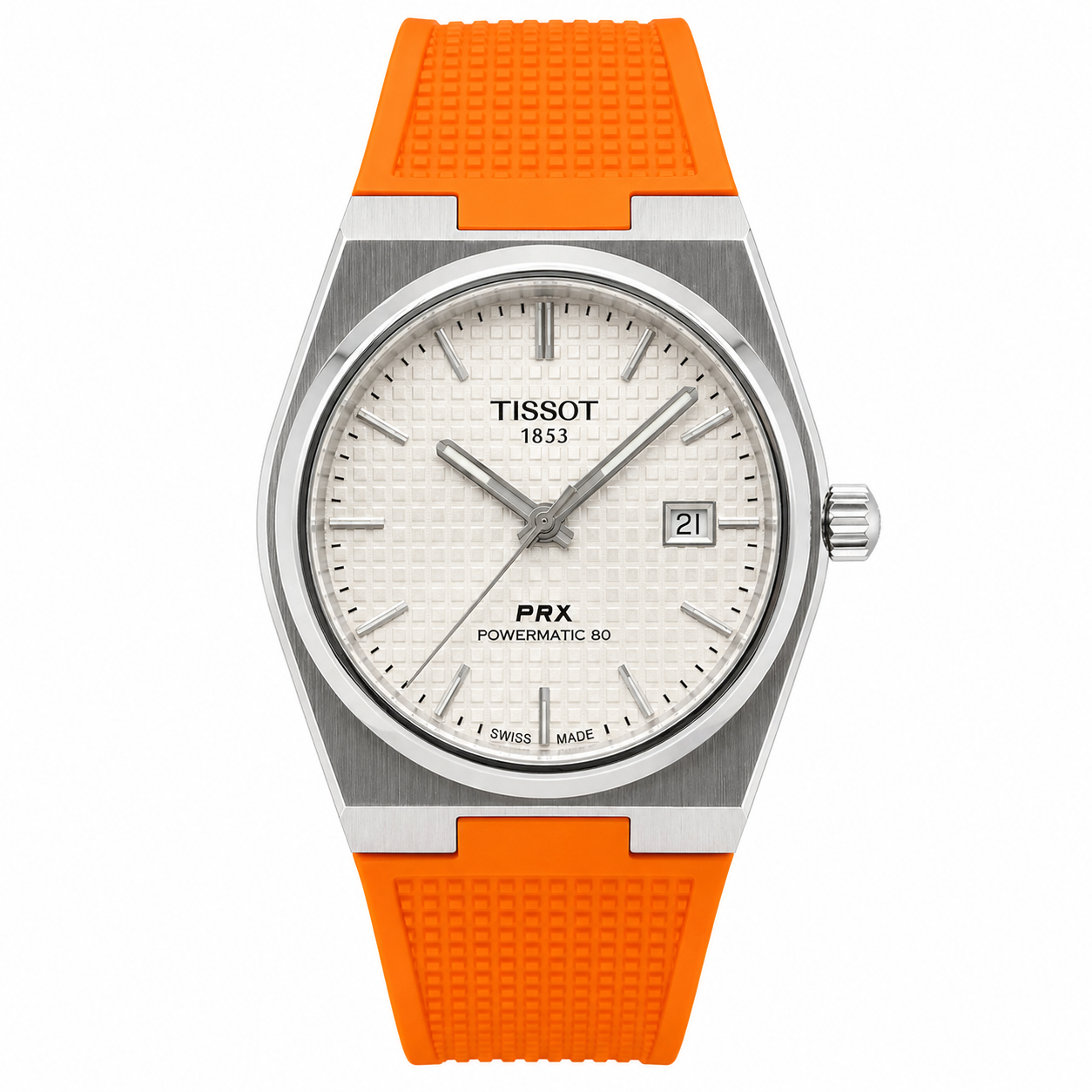Tissot PRX Powermatic 80 Watch – White Guilloché Dial & Orange Rubber Strap
