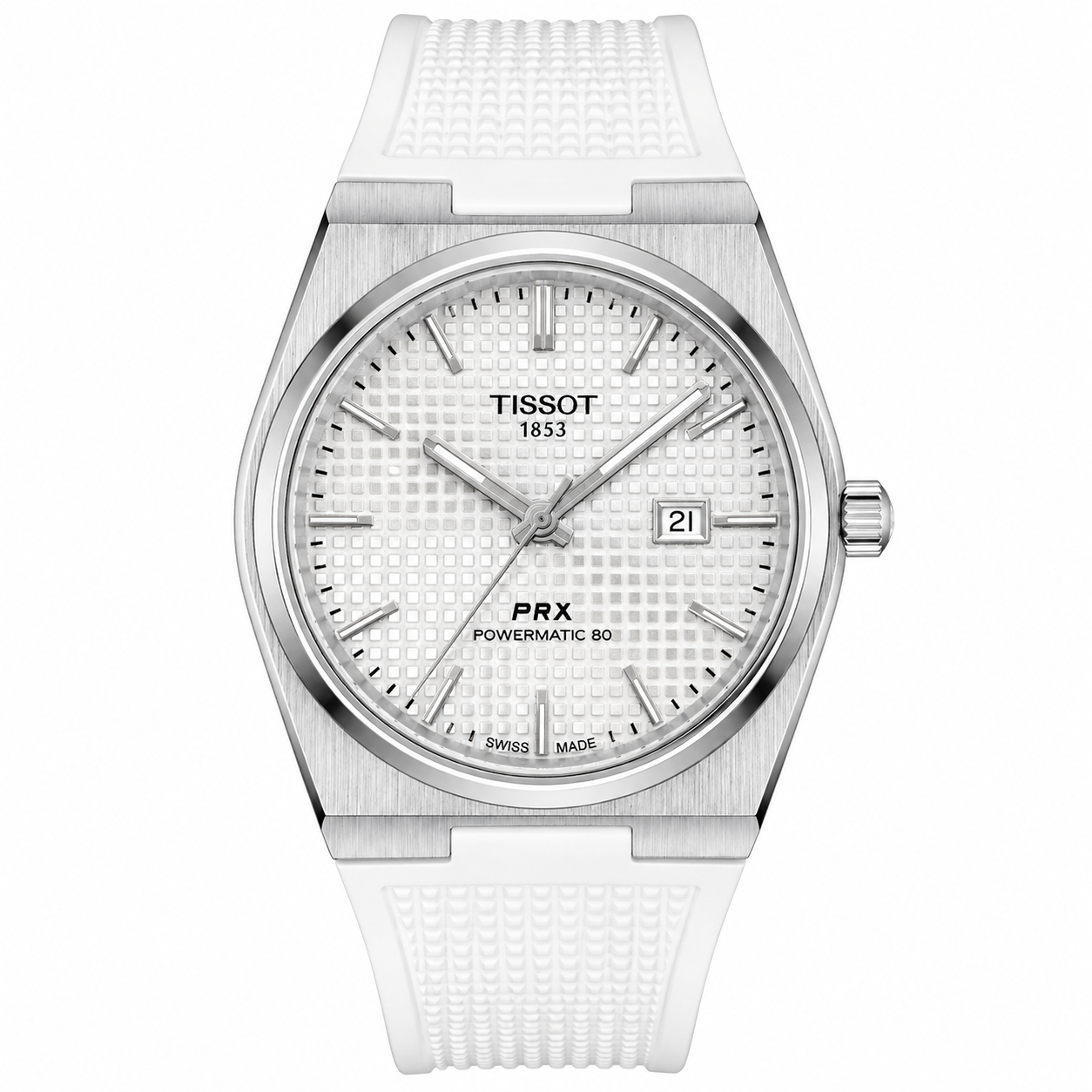 Tissot PRX Powermatic 80 Watch – White Guilloché Dial & White Rubber Strap