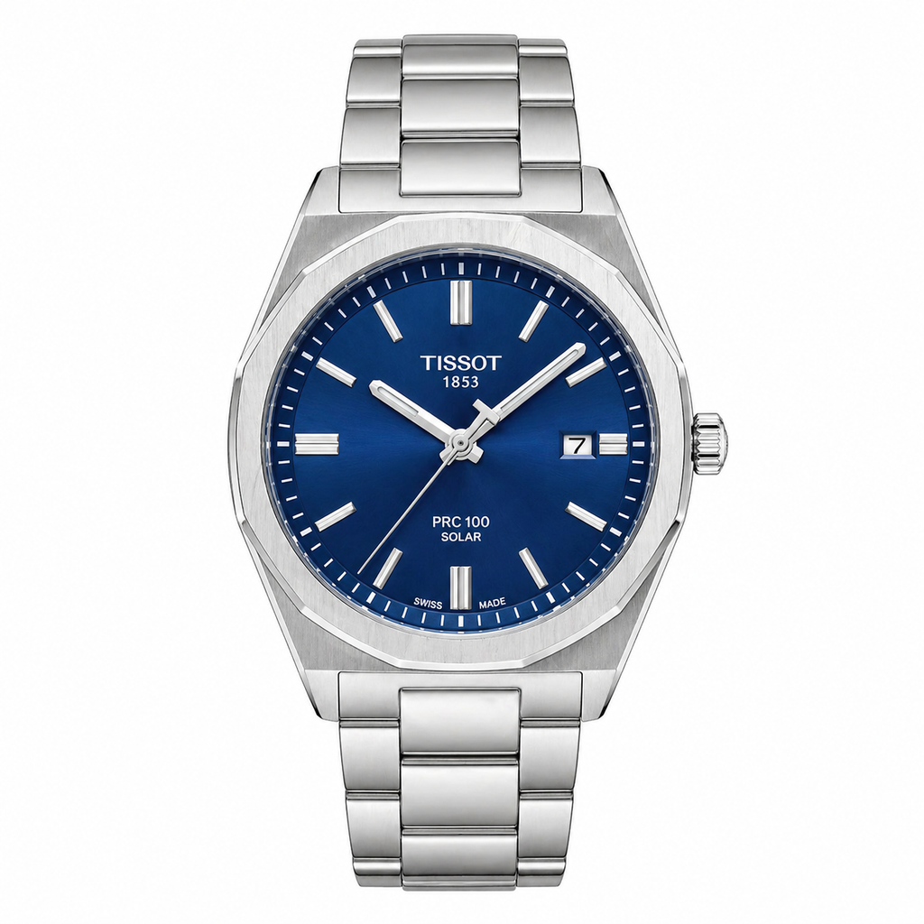 Tissot PRC 100 Solar Men's Watch – Navy Blue Dial Stainless Steel Bracelet