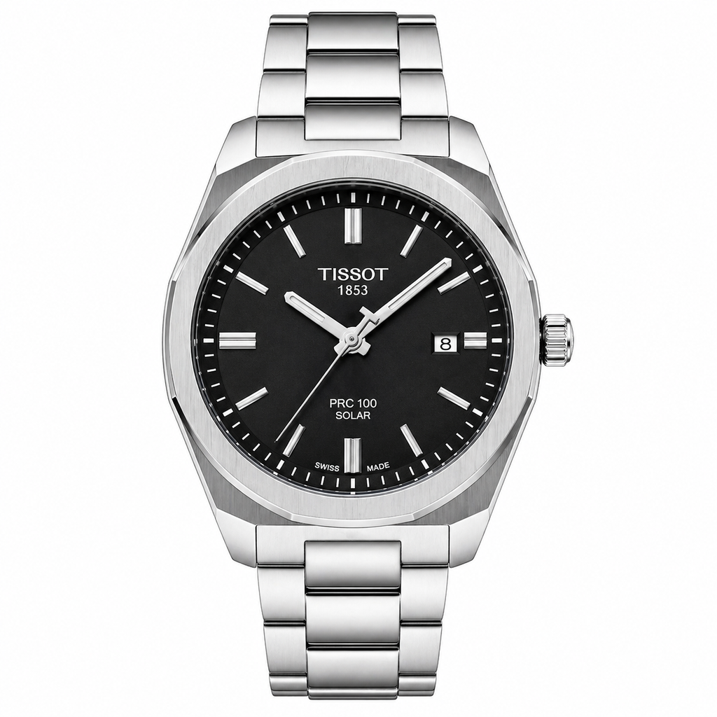Tissot PRC 100 Solar Men's Watch – Black Dial Silver Stainless Steel Bracelet