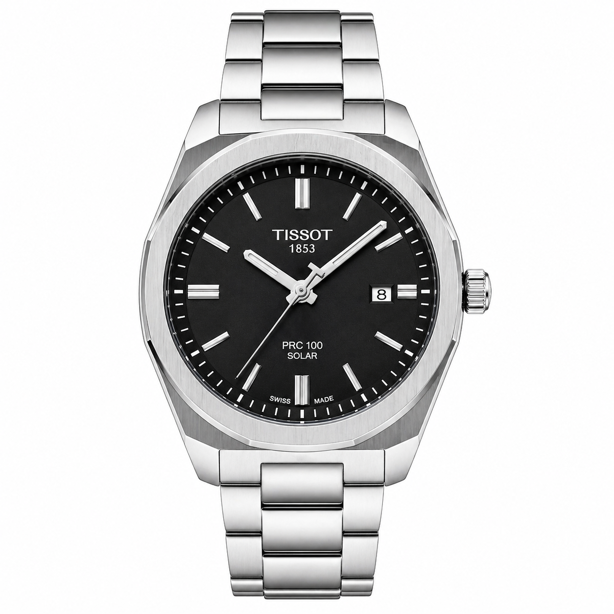 Tissot PRC 100 Solar Men's Watch – Black Dial Silver Stainless Steel Bracelet