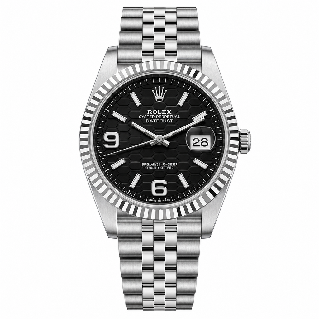 Rolex Oyster Perpetual Land-Dweller Black Honeycomb Dial Full Stainless Steel Automatic Watch with Silver Jubilee Bracelet