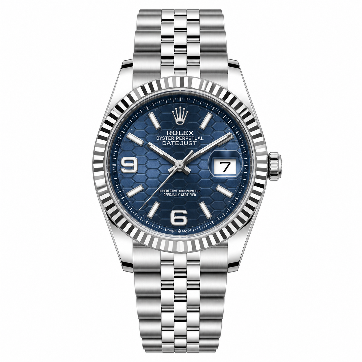 Rolex Oyster Perpetual Land-Dweller Blue Honeycomb Dial Automatic Watch with Silver Jubilee Bracelet