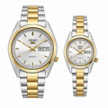Seiko 5 Quartz Couple Watch Set – His & Hers Silver Stainless Steel Day-Date