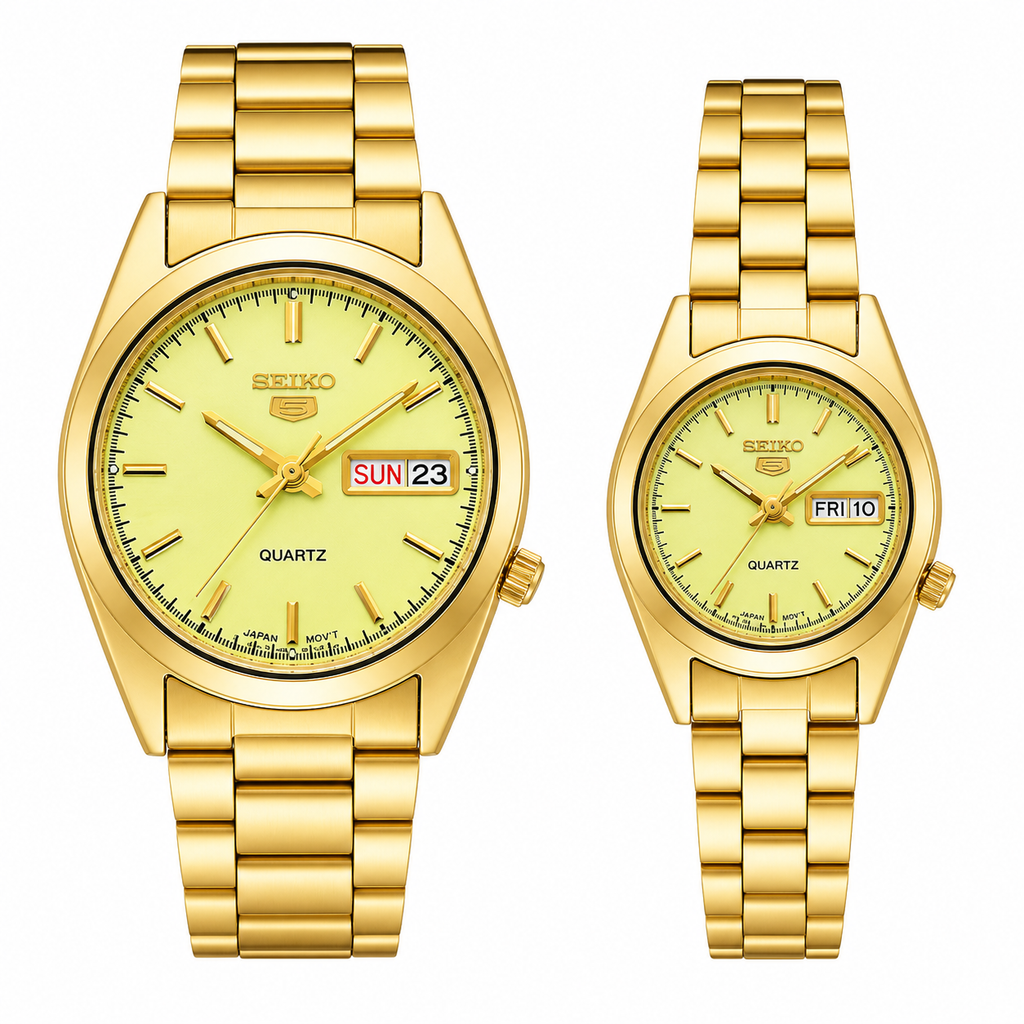 Seiko 5 Quartz Japan Movement Couple Watch Set – Gold-Tone His & Hers Green Dial