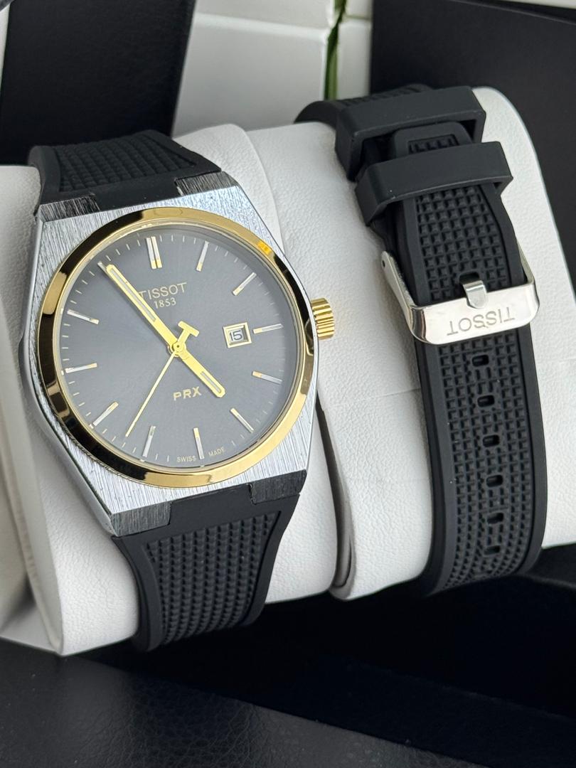 Tissot PRX Two-Tone Watch – Grey Dial with Gold Bezel & Black Rubber Strap