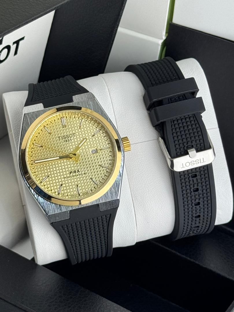Tissot PRX Powermatic 80 Two-Tone Watch – Gold Textured Dial & Black Rubber Strap