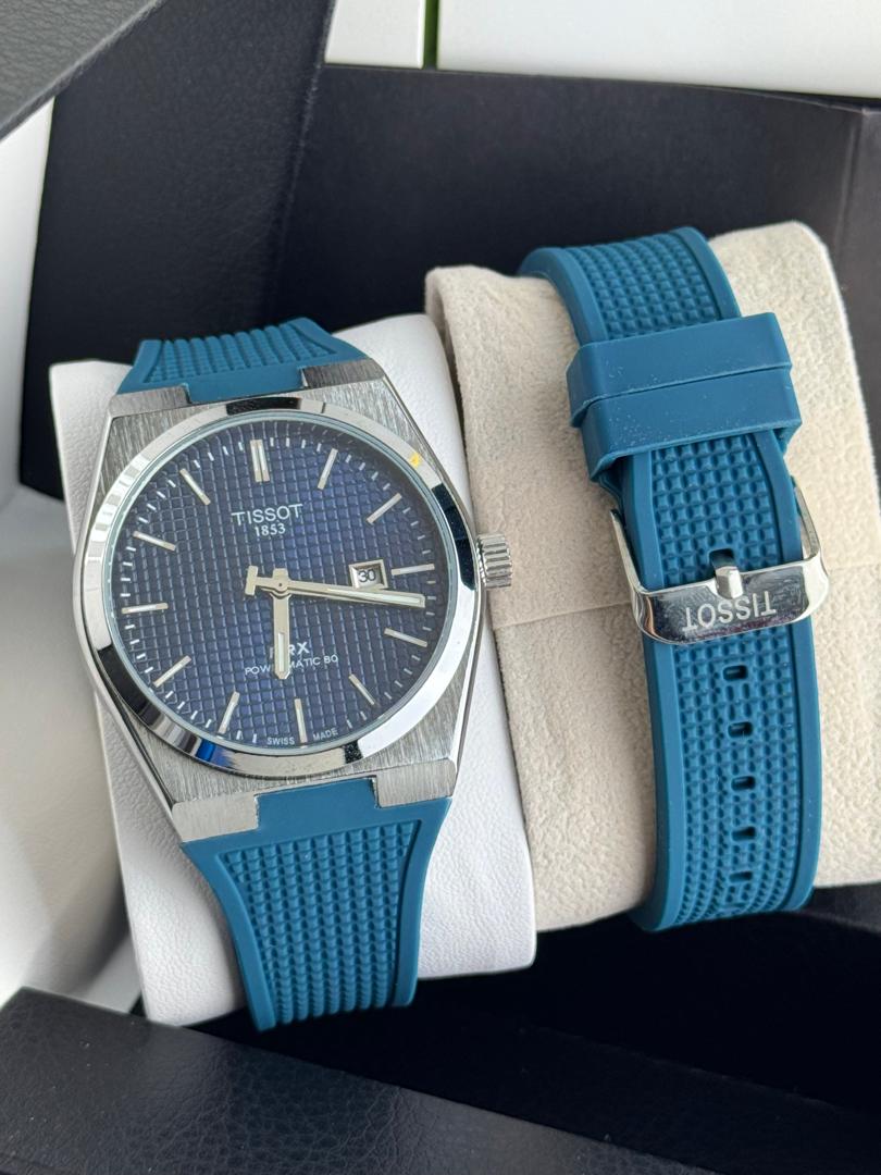 Tissot PRX Powermatic 80 Watch – Blue Guilloché Dial & Teal Rubber Strap
