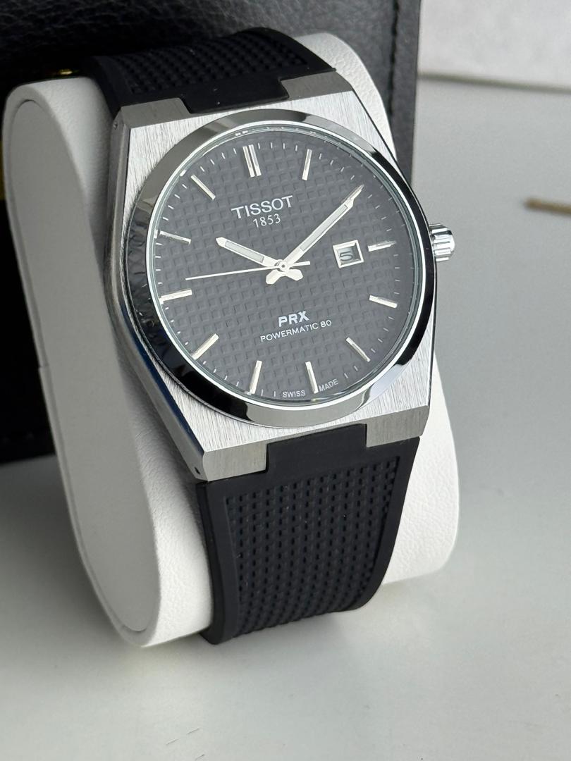 Tissot PRX Powermatic 80 Watch – Grey Guilloché Dial & Black Rubber Strap